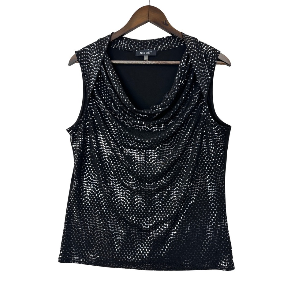 Nine West Black Sequin Cowl Neck Sleeveless Top Women's Size Large Party Evening